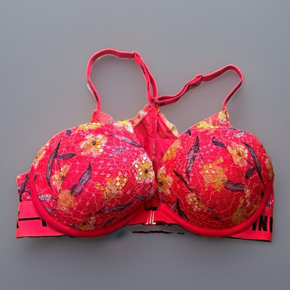 PINK 36C Push Up Underwire Lace Bra Red Floral Semi-Sheer Logo Band